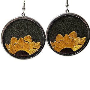 Boho Retro Sunflower Embroidered Leather Drop Earrings Silver Tone Frame 60s 70s